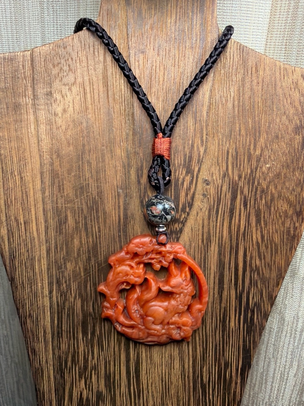 Orange Jade Nine Tail Fox Carving Pendant Necklace on Brown Rope